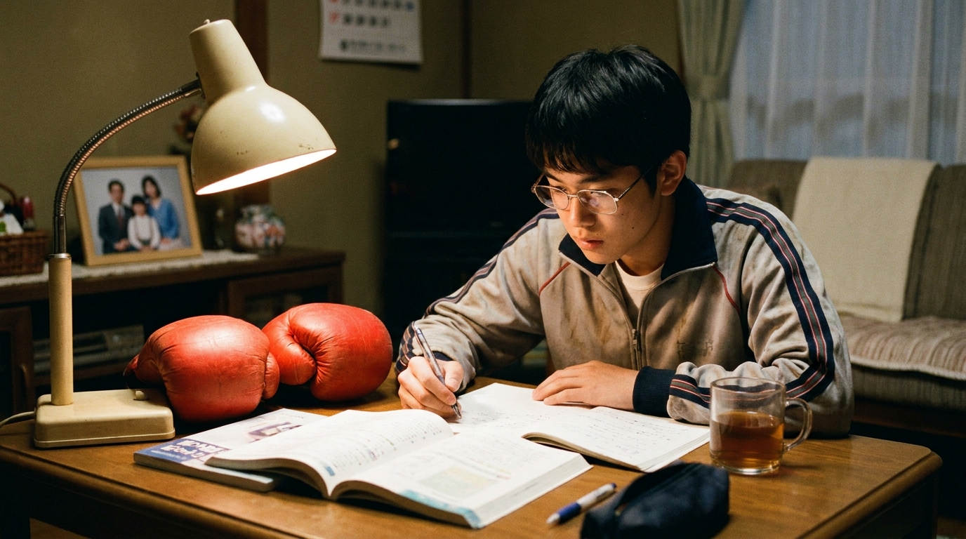 教科書とボクシンググローブを並べ、学業と練習を両立する学生